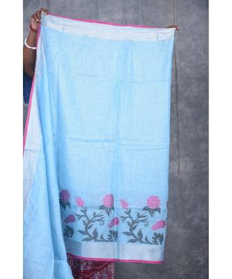 turquoise Handloom Linen With Rose Jackard Border saree with blouse 5