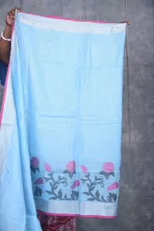 turquoise Handloom Linen With Rose Jackard Border saree with blouse