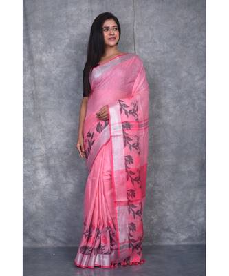 baby pink Handloom Linen With Rose Jackard Border saree with blouse 1