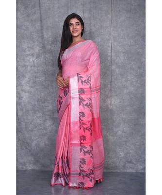 baby pink Handloom Linen With Rose Jackard Border saree with blouse 2