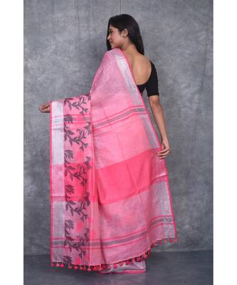 baby pink Handloom Linen With Rose Jackard Border saree with blouse 3