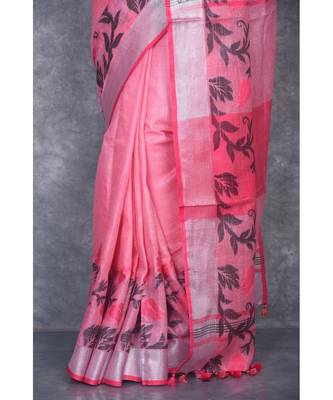baby pink Handloom Linen With Rose Jackard Border saree with blouse 4