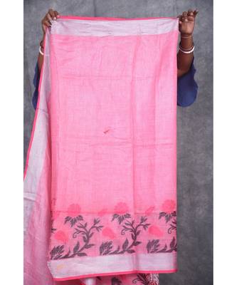 baby pink Handloom Linen With Rose Jackard Border saree with blouse 5