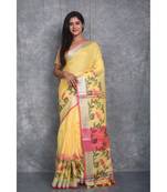 yellow Handloom Linen With Rose Jackard Border saree with blouse