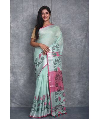 light sea green Handloom Linen With Rose Jackard Border saree with blouse 1