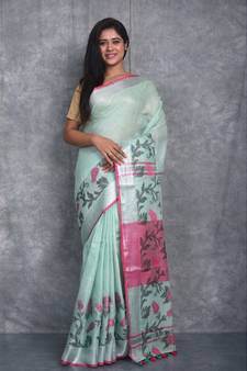 light sea green Handloom Linen With Rose Jackard Border saree with blouse