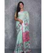 light sea green Handloom Linen With Rose Jackard Border saree with blouse