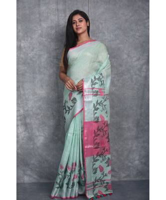 light sea green Handloom Linen With Rose Jackard Border saree with blouse 2