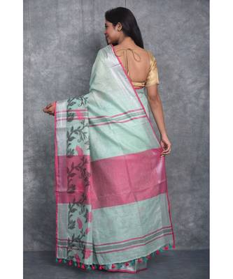 light sea green Handloom Linen With Rose Jackard Border saree with blouse 3