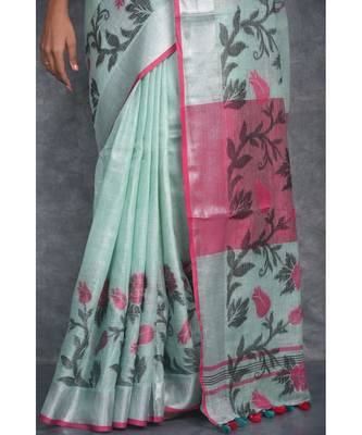 light sea green Handloom Linen With Rose Jackard Border saree with blouse 4