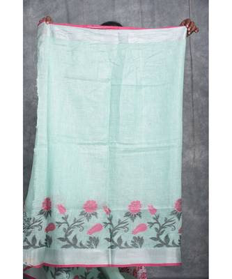 light sea green Handloom Linen With Rose Jackard Border saree with blouse 5
