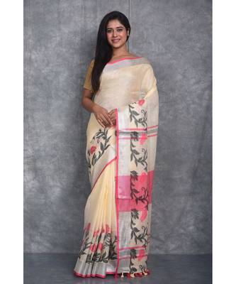 cream Handloom Linen With Rose Jackard Border saree with blouse 1