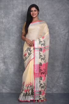 cream Handloom Linen With Rose Jackard Border saree with blouse