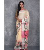 cream Handloom Linen With Rose Jackard Border saree with blouse