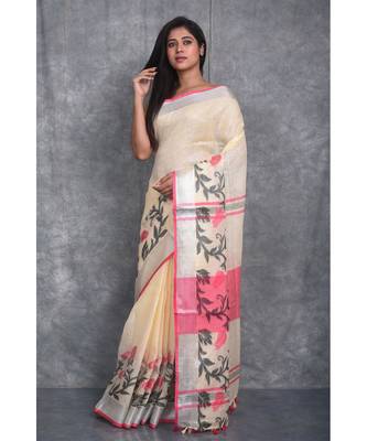 cream Handloom Linen With Rose Jackard Border saree with blouse 2