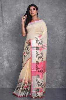 cream Handloom Linen With Rose Jackard Border saree with blouse