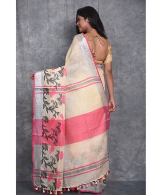 cream Handloom Linen With Rose Jackard Border saree with blouse 3