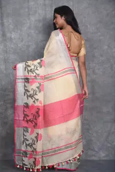 cream Handloom Linen With Rose Jackard Border saree with blouse