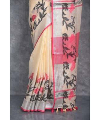 cream Handloom Linen With Rose Jackard Border saree with blouse 4