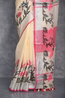 cream Handloom Linen With Rose Jackard Border saree with blouse