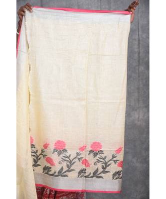cream Handloom Linen With Rose Jackard Border saree with blouse 5