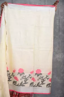 cream Handloom Linen With Rose Jackard Border saree with blouse