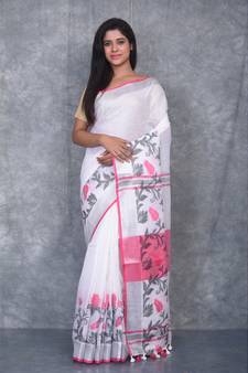 white Handloom Linen With Rose Jackard Border saree with blouse