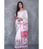 white Handloom Linen With Rose Jackard Border saree with blouse