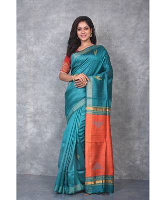 rama green Handloom Dupion Silk Saree With Dobbi Design saree with blouse 1