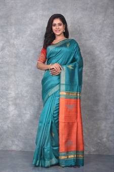 rama green Handloom Dupion Silk Saree With Dobbi Design saree with blouse