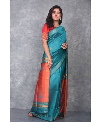 rama green Handloom Dupion Silk Saree With Dobbi Design saree with blouse 2