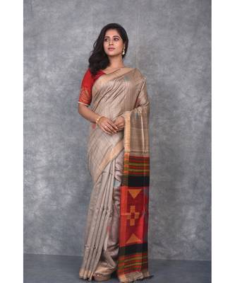 beige Handloom Dupion Silk Saree With Dobbi Design saree with blouse 1