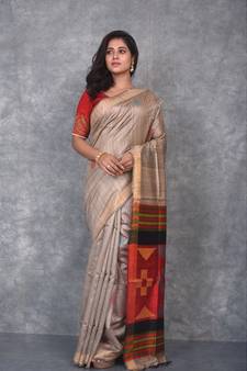 beige Handloom Dupion Silk Saree With Dobbi Design saree with blouse