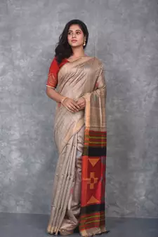 beige Handloom Dupion Silk Saree With Dobbi Design saree with blouse