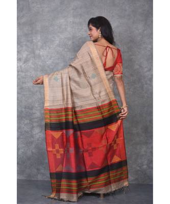 beige Handloom Dupion Silk Saree With Dobbi Design saree with blouse 3