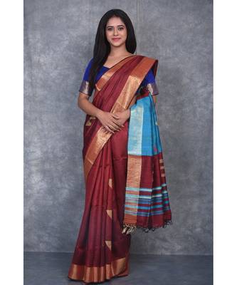 burgundy Handloom Dupion Silk Saree With Dobbi Design saree with blouse 1