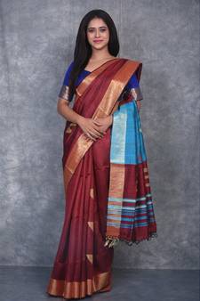 burgundy Handloom Dupion Silk Saree With Dobbi Design saree with blouse