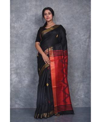 black Handloom Dupion Silk Saree With Dobbi Design saree with blouse 1