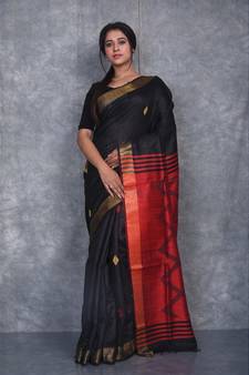 black Handloom Dupion Silk Saree With Dobbi Design saree with blouse
