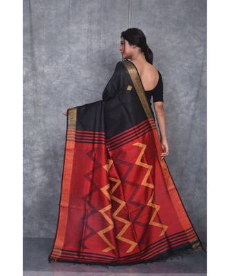 black Handloom Dupion Silk Saree With Dobbi Design saree with blouse 3