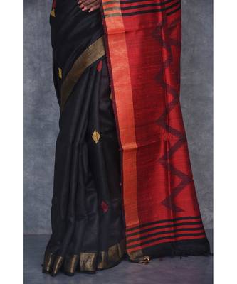 black Handloom Dupion Silk Saree With Dobbi Design saree with blouse 4
