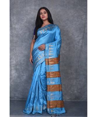 sky blue Handloom Dupion Silk Saree With Temple Border saree with blouse 1