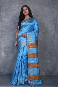 sky blue Handloom Dupion Silk Saree With Temple Border saree with blouse