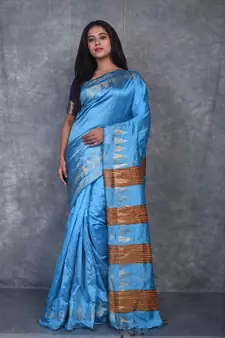 sky blue Handloom Dupion Silk Saree With Temple Border saree with blouse