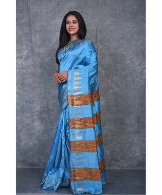 sky blue Handloom Dupion Silk Saree With Temple Border saree with blouse 2
