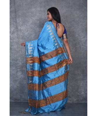 sky blue Handloom Dupion Silk Saree With Temple Border saree with blouse 3