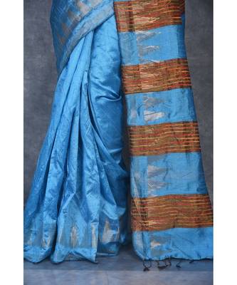 sky blue Handloom Dupion Silk Saree With Temple Border saree with blouse 4