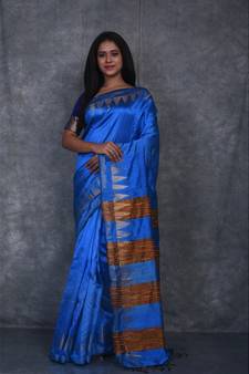 electric blue Handloom Dupion Silk Saree With Temple Border saree with blouse