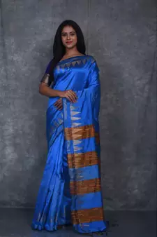 electric blue Handloom Dupion Silk Saree With Temple Border saree with blouse