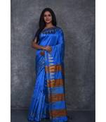 electric blue Handloom Dupion Silk Saree With Temple Border saree with blouse